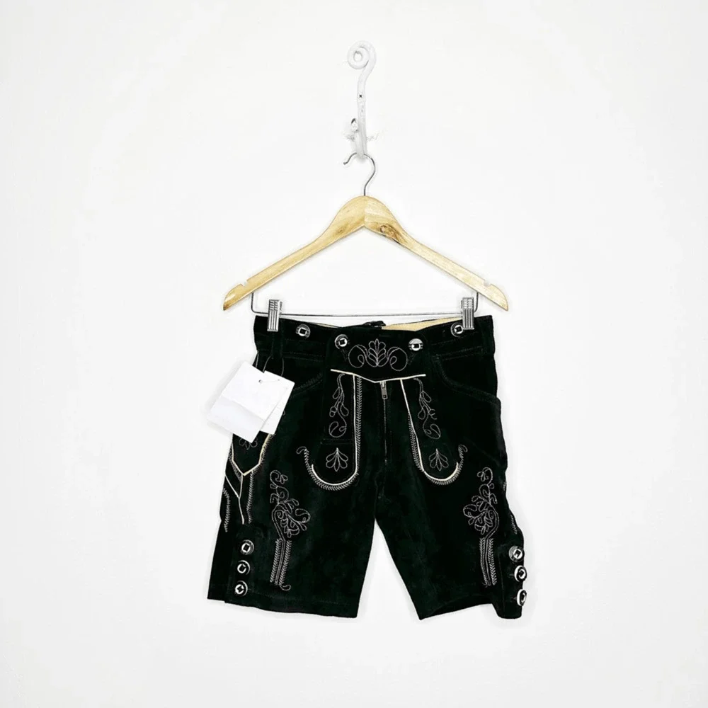 GAUDI LEATHERS Lederhose Short Black german suede leather embroidered 34 NWT